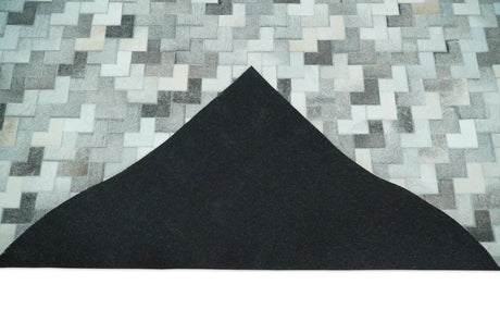 Custom Made Ivory and Gray Modern Geometrical Leather Rug
