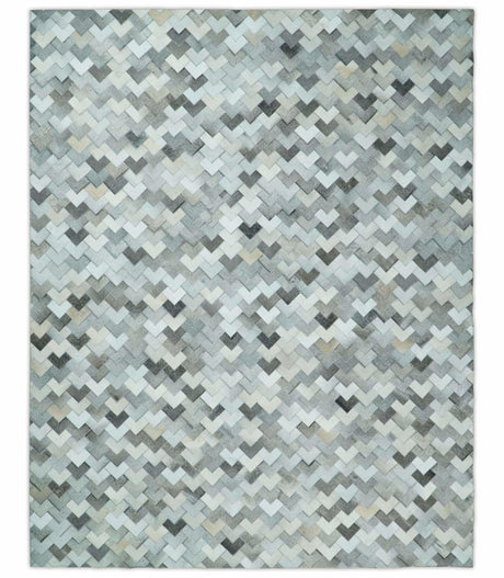 Custom Made Ivory and Gray Modern Geometrical Leather Rug