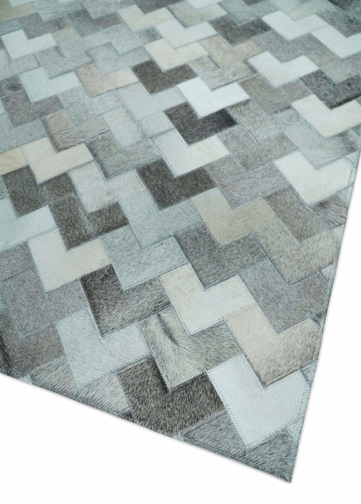 Custom Made Ivory and Gray Modern Geometrical Leather Rug