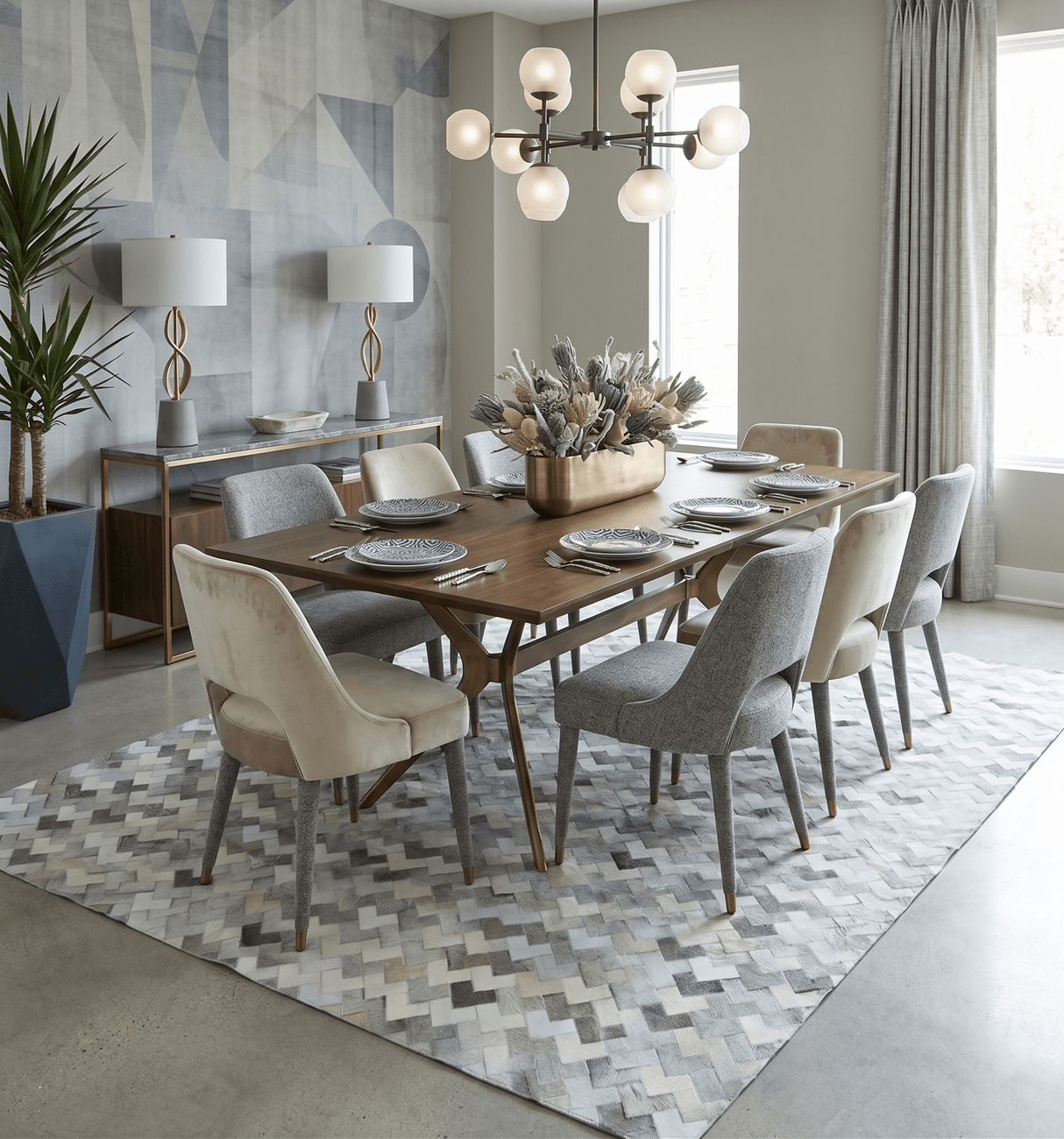 Custom Made Ivory and Gray Modern Geometrical Leather Rug