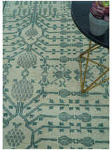 Custom Made Ivory And Gray Turkish Khotan Design Hand Knotted Wool Rug