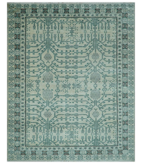 Custom Made Ivory And Gray Turkish Khotan Design Hand Knotted Wool Rug