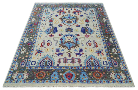 Custom Made Ivory and Gray Vibrant Colorful Hand knotted Traditional Oushak wool Area Rug