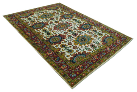 Custom Made Ivory And Maroon Traditional Floral Motifs Design Hand Knotted Wool Rug