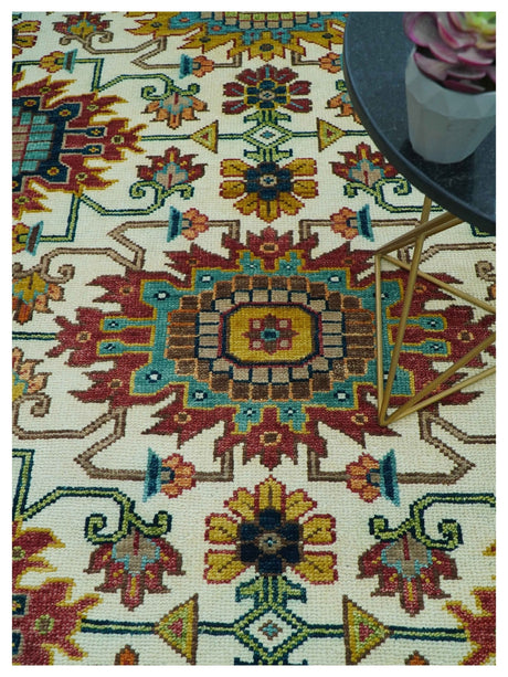 Custom Made Ivory And Maroon Traditional Floral Motifs Design Hand Knotted Wool Rug