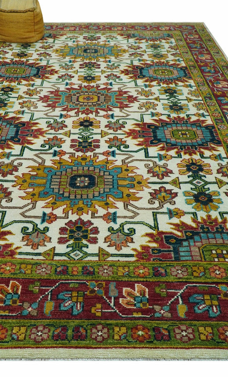 Custom Made Ivory And Maroon Traditional Floral Motifs Design Hand Knotted Wool Rug