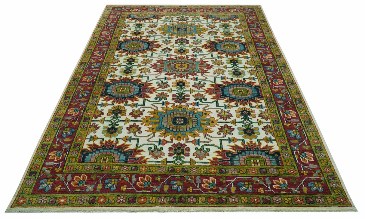 Custom Made Ivory And Maroon Traditional Floral Motifs Design Hand Knotted Wool Rug