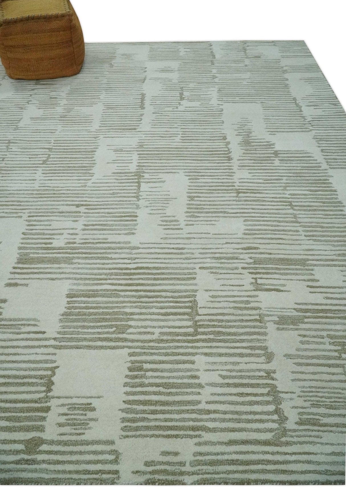 Custom Made Ivory and Olive Modern Design Hand Tufted Wool Rug