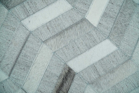 Custom Made Ivory and Silver Geometrical Handmade Leather Rug
