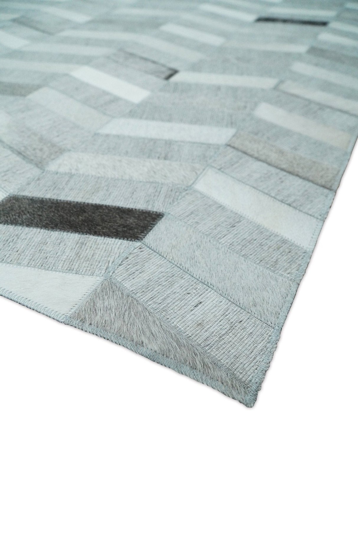 Custom Made Ivory and Silver Geometrical Handmade Leather Rug