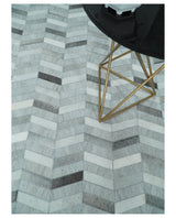 Custom Made Ivory and Silver Geometrical Handmade Leather Rug