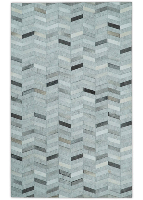 Custom Made Ivory and Silver Geometrical Handmade Leather Rug