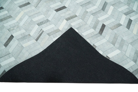 Custom Made Ivory and Silver Geometrical Handmade Leather Rug