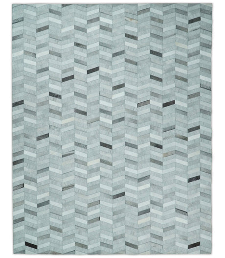 Custom Made Ivory and Silver Geometrical Handmade Leather Rug