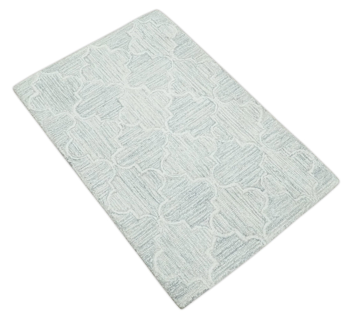 Custom Made Ivory and Silver Modern Geometric Hand Tufted Wool Area Rug