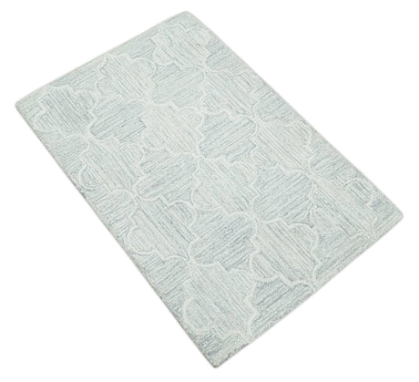 Custom Made Ivory and Silver Modern Geometric Hand Tufted Wool Area Rug