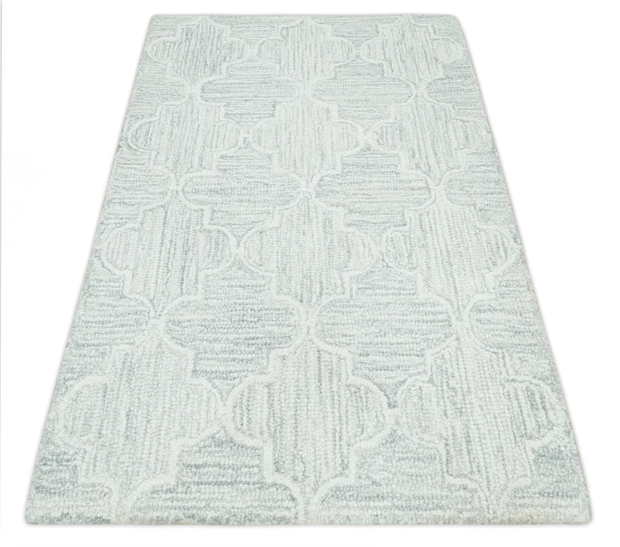 Custom Made Ivory and Silver Modern Geometric Hand Tufted Wool Area Rug