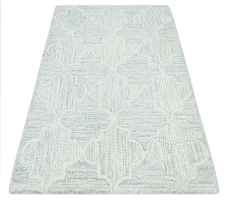 Custom Made Ivory and Silver Modern Geometric Hand Tufted Wool Area Rug