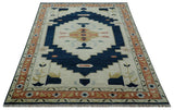 Custom Made Ivory, Blue, Beige and Rust Hand Knotted Traditional Heriz Wool Area Rug
