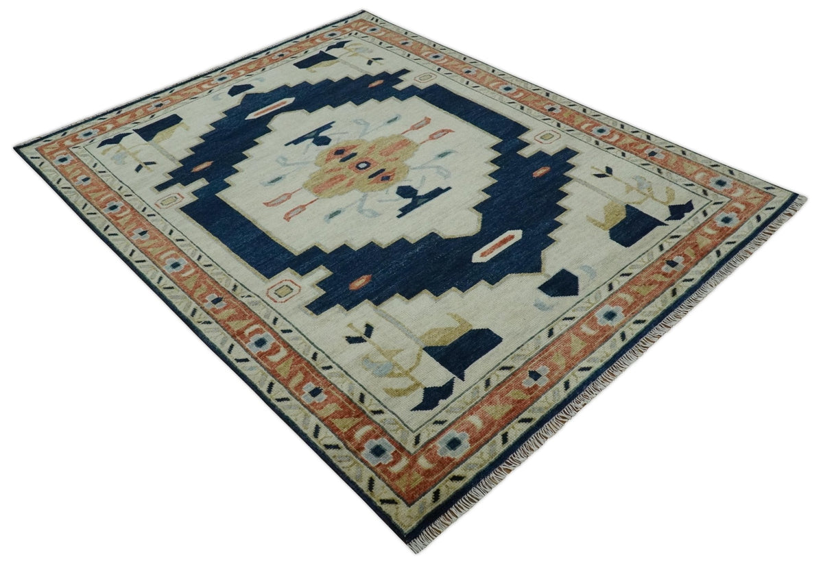 Custom Made Ivory, Blue, Beige and Rust Hand Knotted Traditional Heriz Wool Area Rug