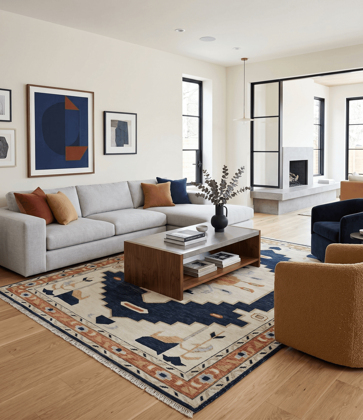 Custom Made Ivory, Blue, Beige and Rust Hand Knotted Traditional Heriz Wool Area Rug