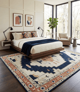 Custom Made Ivory, Blue, Beige and Rust Hand Knotted Traditional Heriz Wool Area Rug