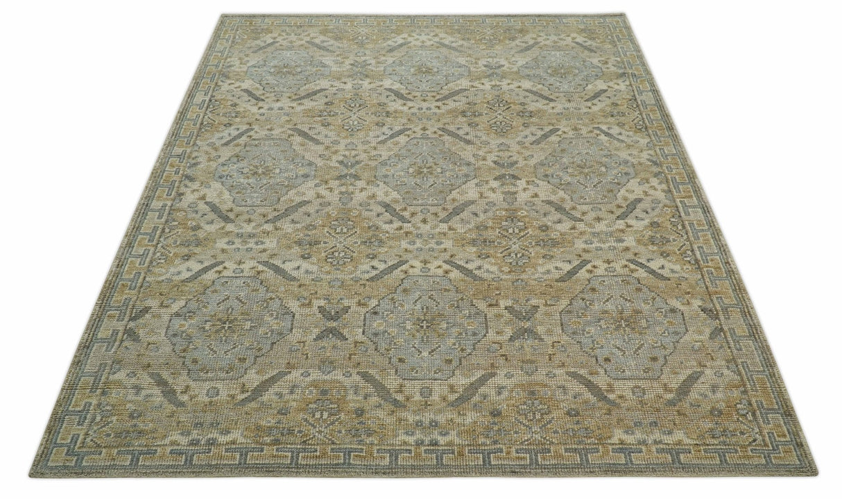 Custom Made Ivory, Brown and Blue Traditional Hand Knotted Wool Area Rug