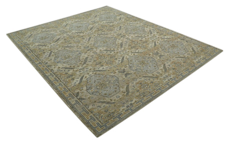 Custom Made Ivory, Brown and Blue Traditional Hand Knotted Wool Area Rug