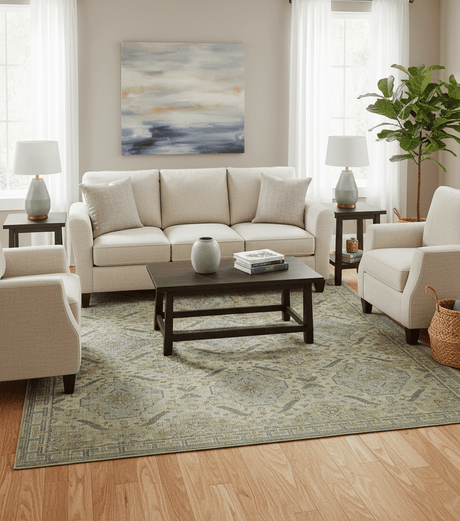 Custom Made Ivory, Brown and Blue Traditional Hand Knotted Wool Area Rug