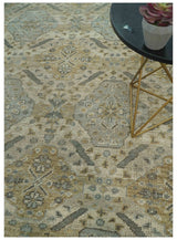 Custom Made Ivory, Brown and Blue Traditional Hand Knotted Wool Area Rug