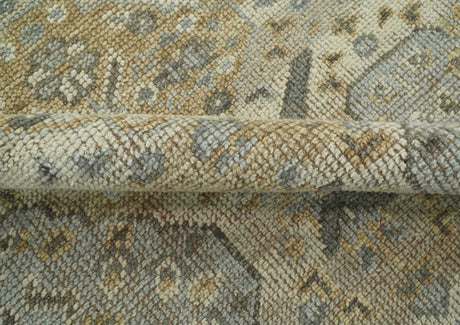 Custom Made Ivory, Brown and Blue Traditional Hand Knotted Wool Area Rug