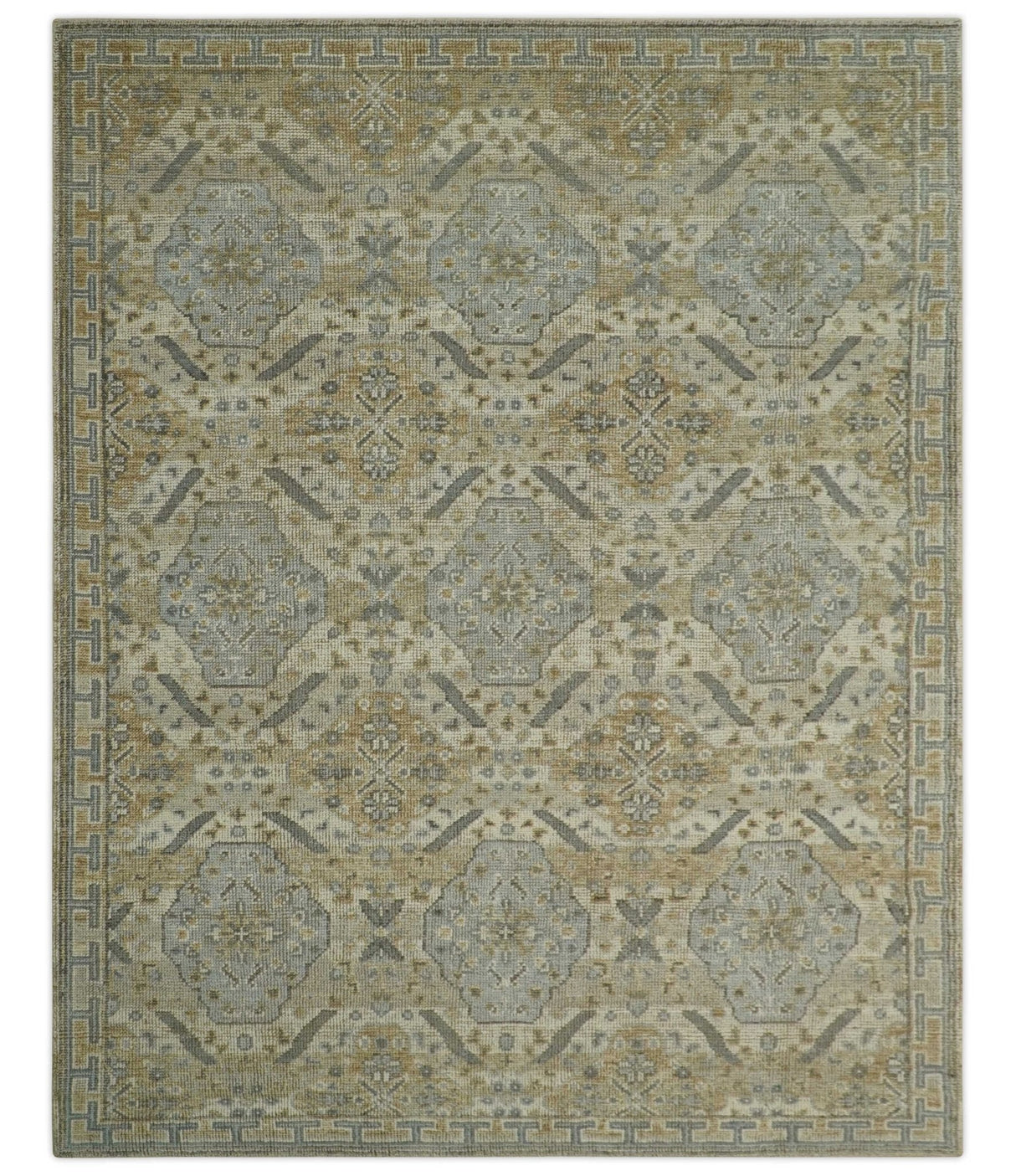 Custom Made Ivory, Brown and Blue Traditional Hand Knotted Wool Area Rug