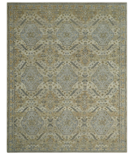 Custom Made Ivory, Brown and Blue Traditional Hand Knotted Wool Area Rug