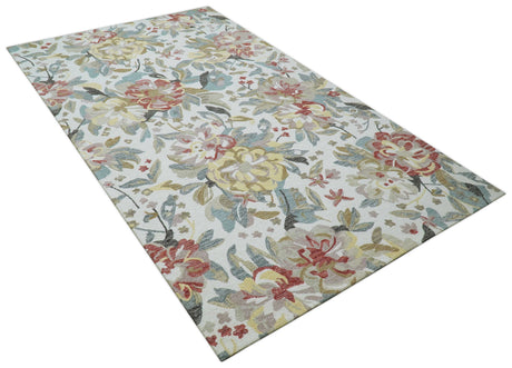 Custom Made Ivory, Charcoal and Olive Floral Design Colorful Hand Tufted wool rug