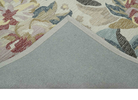 Custom Made Ivory, Charcoal and Olive Floral Design Colorful Hand Tufted wool rug