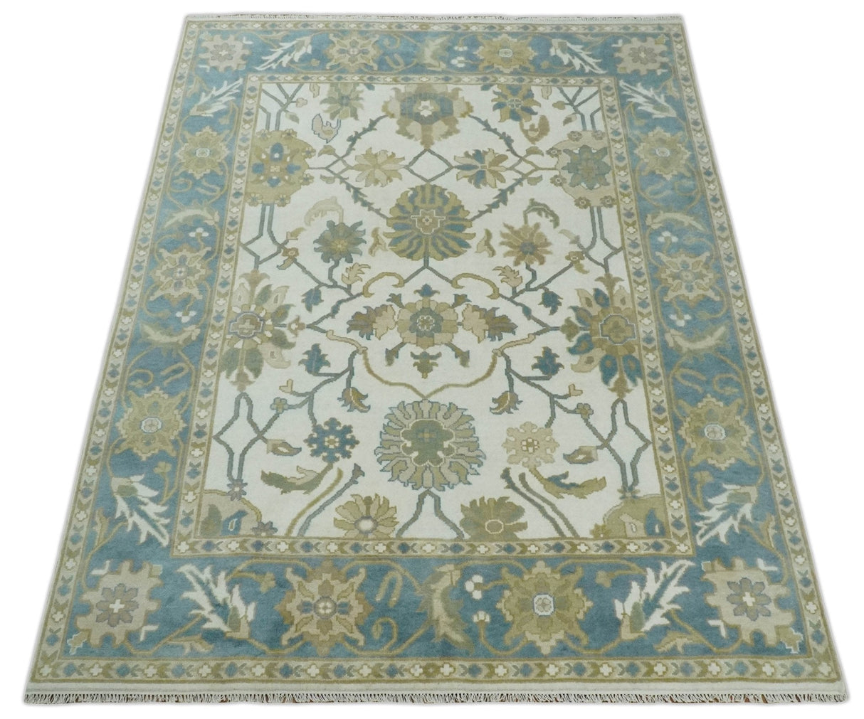 Custom Made Ivory, Gray and Beige Floral Hand Knotted Traditional Oushak Wool Rug