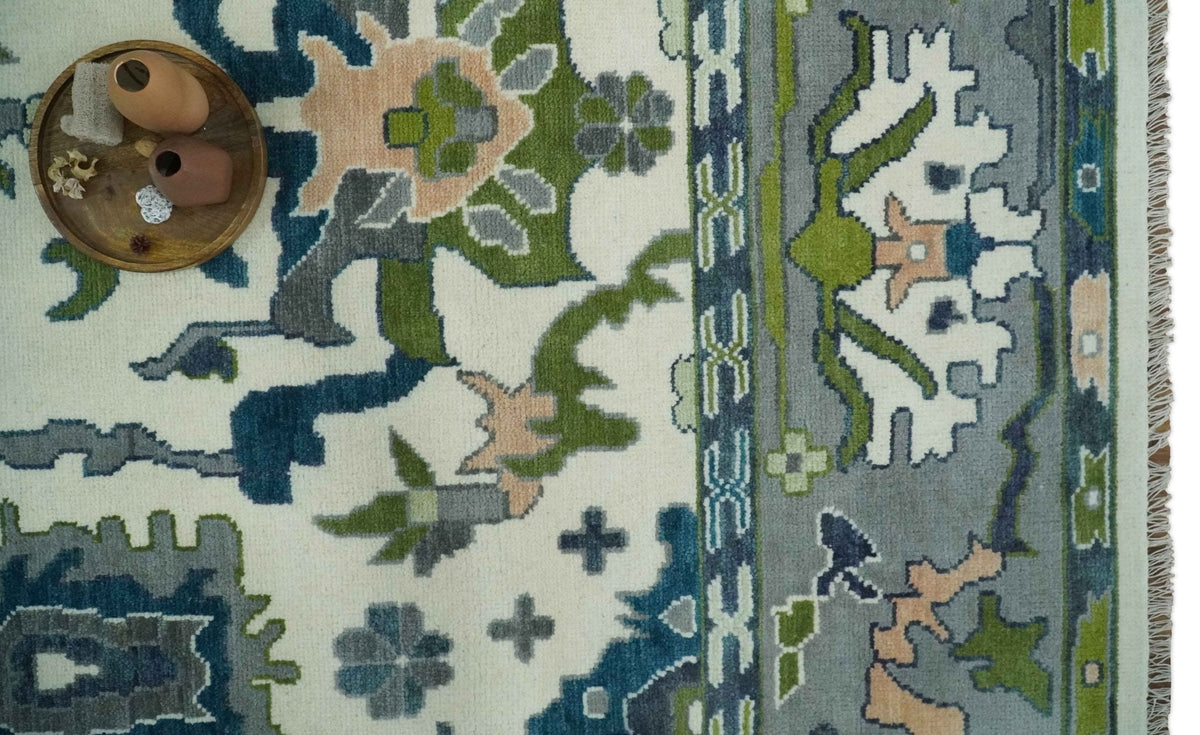 Custom Made Ivory, Gray and Green Hand knotted Traditional Oushak Wool Area Rug