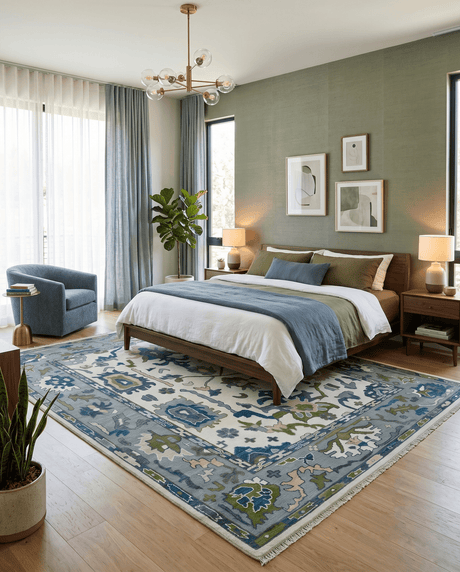 Custom Made Ivory, Gray and Green Hand knotted Traditional Oushak Wool Area Rug