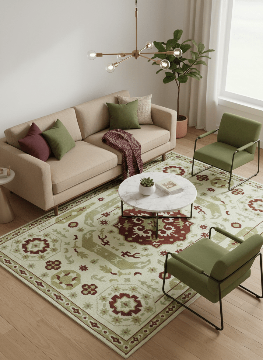 Custom Made Ivory, Olive and Maroon Traditional Medallion Mamluk Design wool Rug