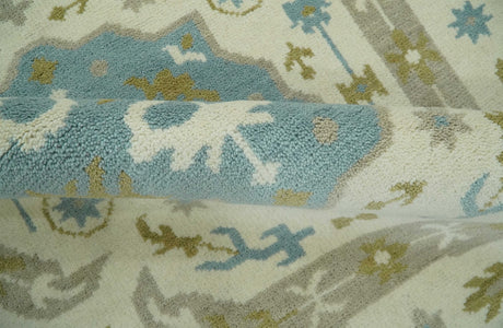 Custom Made Ivory, Olive and Teal Hand Knotted Traditional Medallion Mamluk Design wool Rug