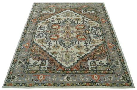Custom Made Ivory, Silver, Peach and Olive Hand Knotted Traditional Heriz wool Area Rug