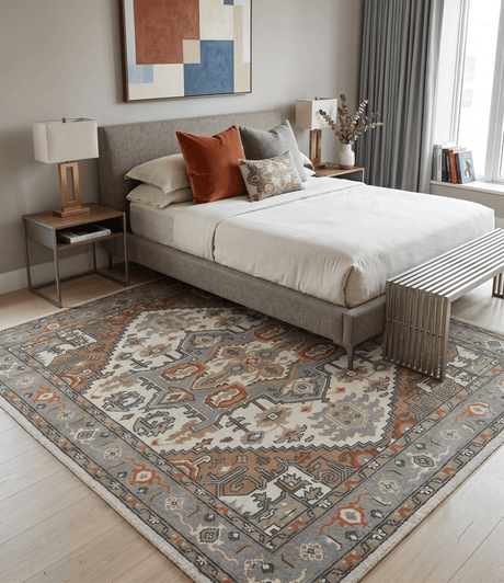 Custom Made Ivory, Silver, Peach and Olive Hand Knotted Traditional Heriz wool Area Rug