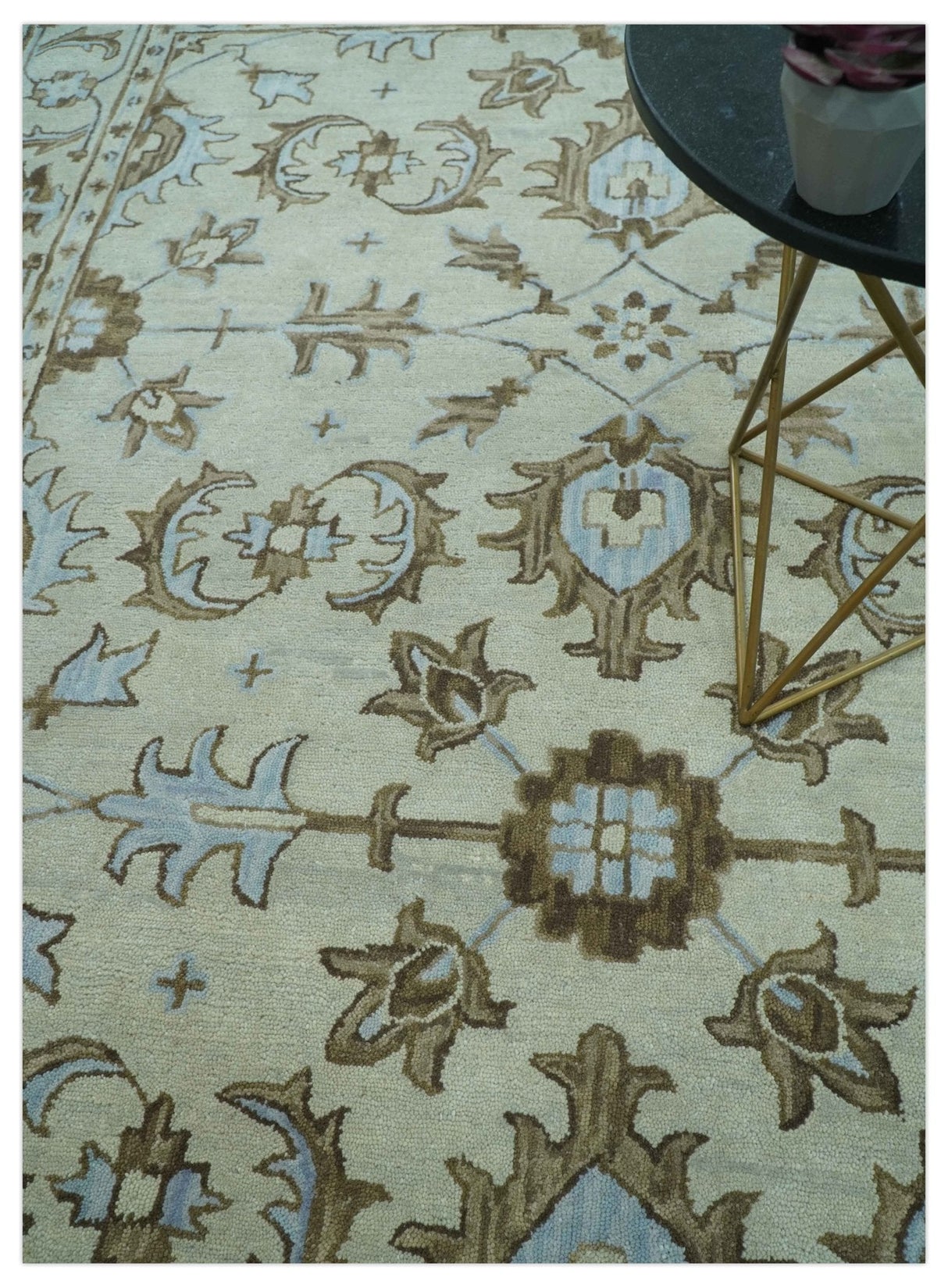 Custom Made Ivory, Taupe and Aqua Traditional Hand Tufted wool area rug