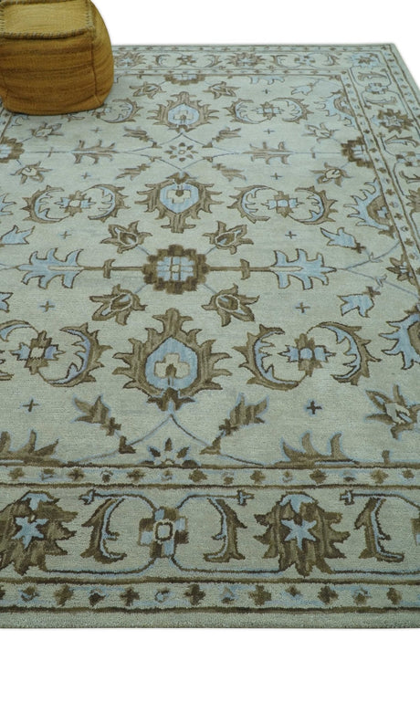 Custom Made Ivory, Taupe and Aqua Traditional Hand Tufted wool area rug