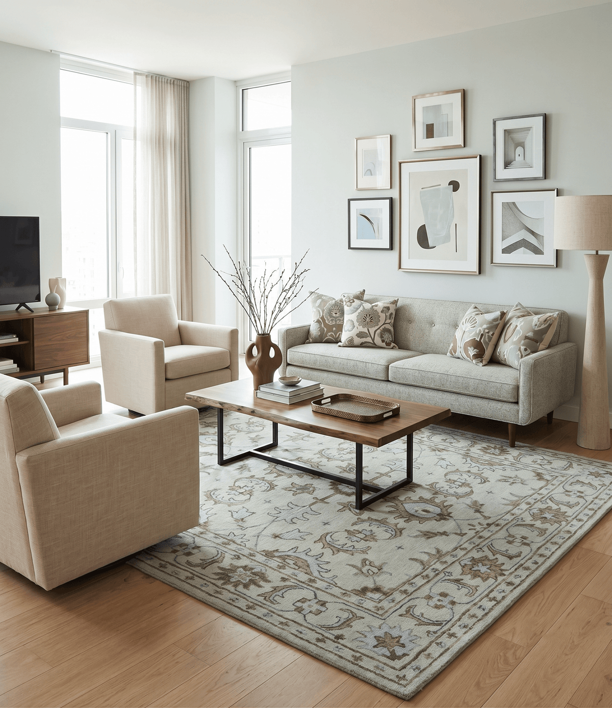 Custom Made Ivory, Taupe and Aqua Traditional Hand Tufted wool area rug