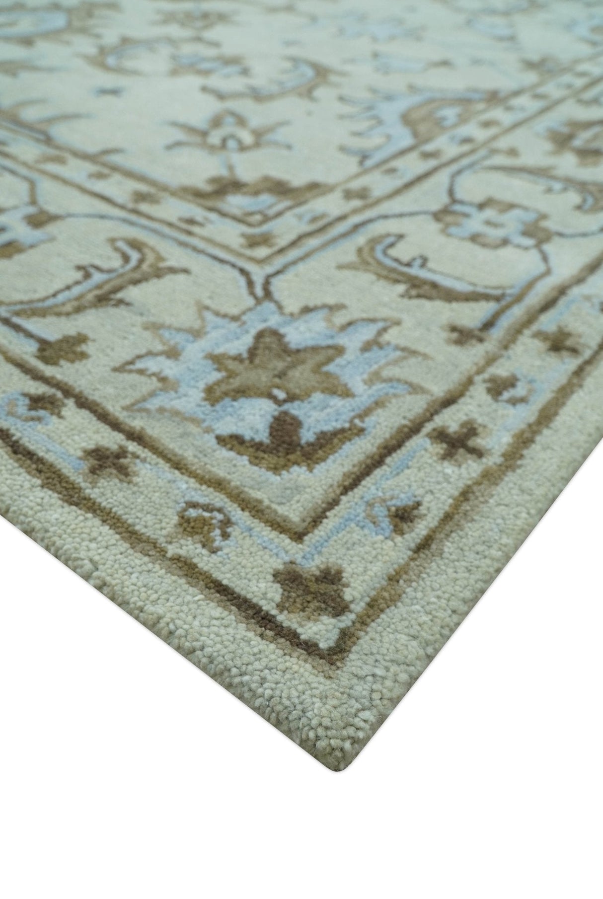 Custom Made Ivory, Taupe and Aqua Traditional Hand Tufted wool area rug