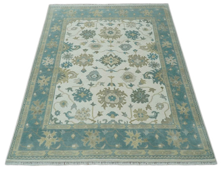 Custom Made Ivory, Teal and Beige Floral Hand Knotted Traditional Oushak Wool Area Rug