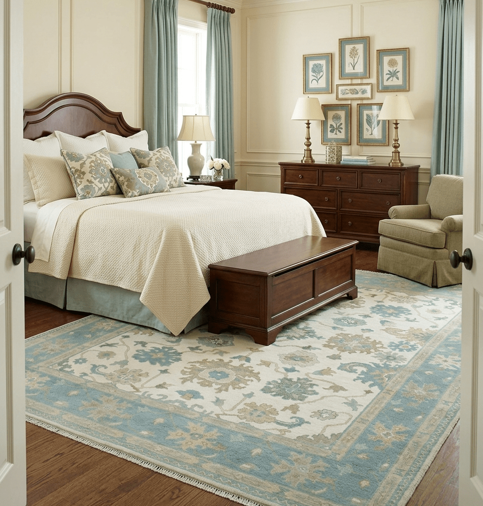 Custom Made Ivory, Teal and Beige Floral Hand Knotted Traditional Oushak Wool Area Rug