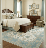 Custom Made Ivory, Teal and Beige Floral Hand Knotted Traditional Oushak Wool Area Rug