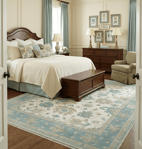 Custom Made Ivory, Teal and Beige Floral Hand Knotted Traditional Oushak Wool Area Rug